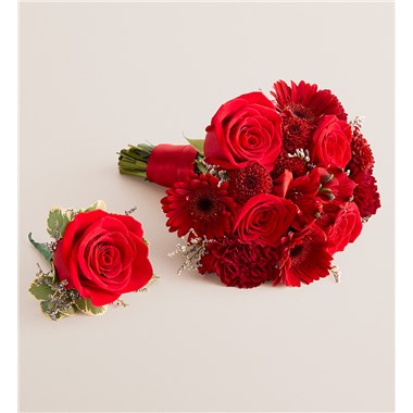 Prom Bouquet And Boutonniere- Red And Burgundy